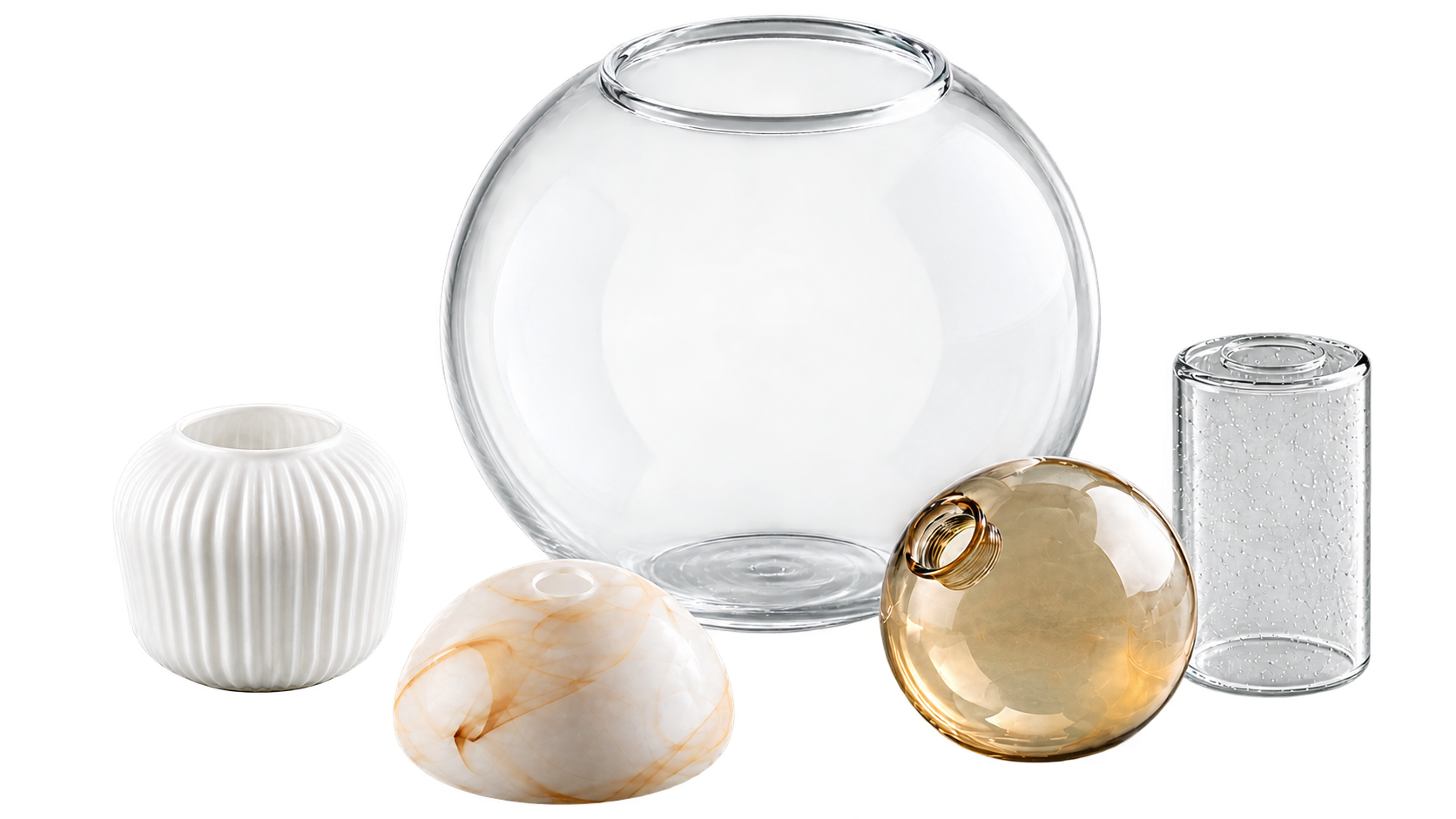 Glass lamp shade product range with transparent, opal, alabaster-effect and Pyrex-style glass components